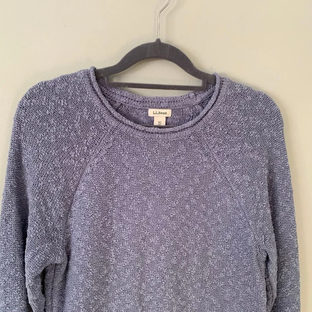 L.L.Bean Textured Bouclé Knit Sweater Women XS Petite Blue Raglan Sleeve‎ Cotton